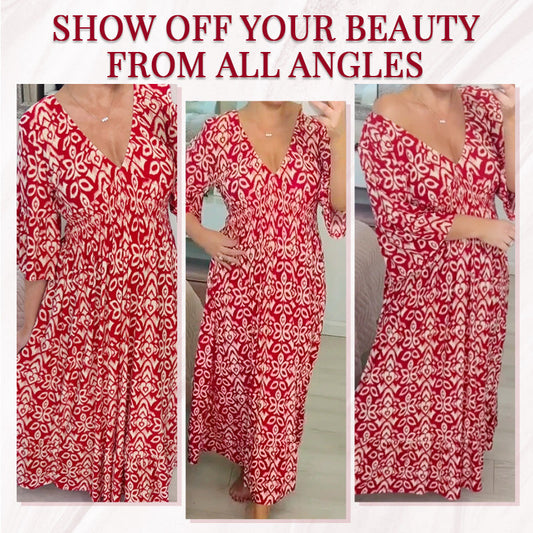 Bohemian Casual Print V-Neck Waist Wrap Long Dress