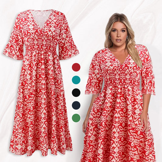 Bohemian Casual Print V-Neck Waist Wrap Long Dress