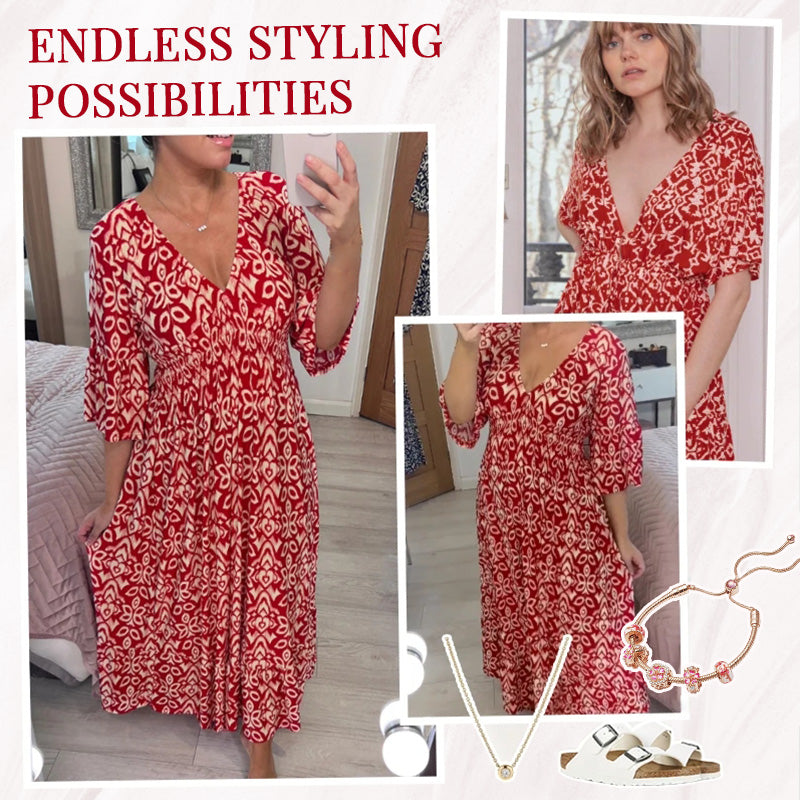 Bohemian Casual Print V-Neck Waist Wrap Long Dress