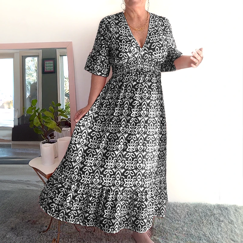 Bohemian Casual Print V-Neck Waist Wrap Long Dress