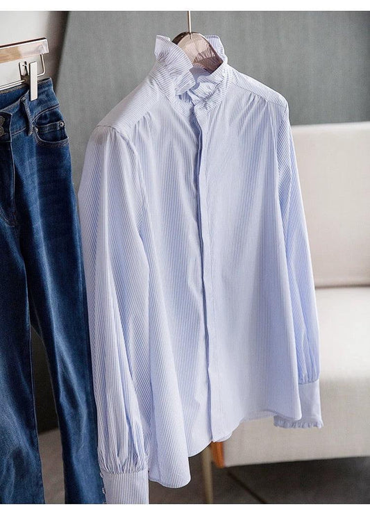 Women's Long-sleeved  Ruffled Stand Collar Blue Stripes Shirt