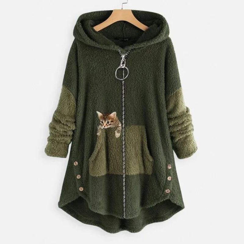 Kitty Print Fleece Hoodie with Roomy Pockets