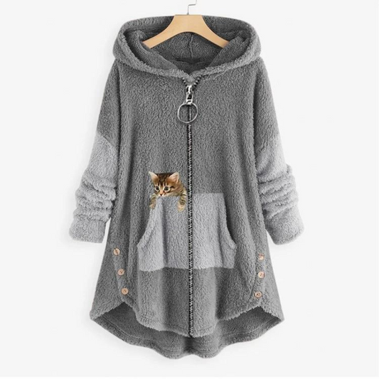 Kitty Print Fleece Hoodie with Roomy Pockets